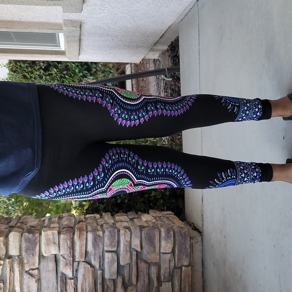 Blue, Green, Pink, and Black Printed Leggings, XL